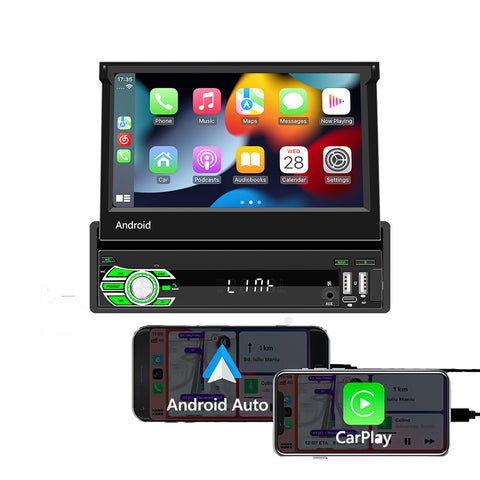 Universal Single Din Car Stereo 7 Inch Retractable Touch Screen GPS Android Car Radio with Wireless Carplay and Android Auto