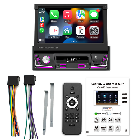Car radio factory Single Din stereo with carplay and android auto 7 inch adjustable screen bluetooth head unit