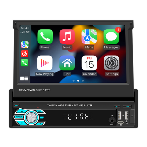 Single din car radio manufacturer factory 1 din car stereo with apple carplay and android auto 7 inch manual retractable screen support online navigation usb aux mirror link camera input