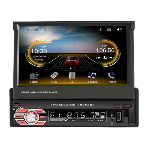 Single din car radio manufacturer factory 1 din car stereo with apple carplay and android auto 7 inch manual retractable screen support online navigation usb aux mirror link camera input