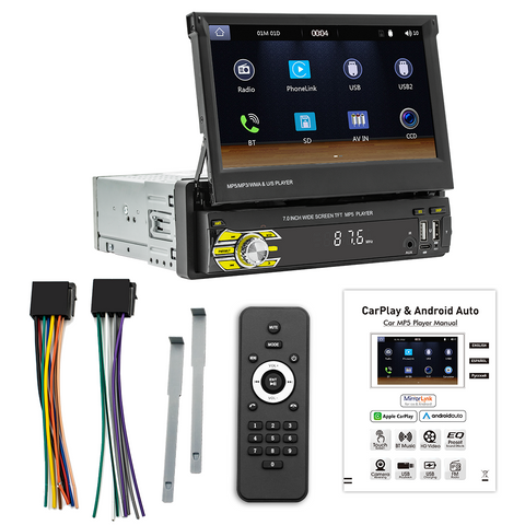 Single din car radio manufacturer factory 1 din car stereo with apple carplay and android auto 7 inch manual retractable screen support online navigation usb aux mirror link camera input