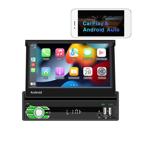 Universal Single Din Car Stereo 7 Inch Retractable Touch Screen GPS Android Car Radio with Wireless Carplay and Android Auto