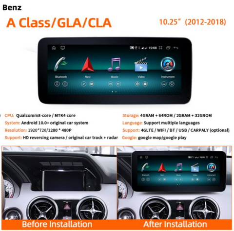 پخش کننده چند رسانه ای خودرو برای بنز A کلاس GLA CLA مدل 2012-2018 با کارپلی بی‌سیم و عملکرد اندروید اتو، ناوبری GPS، وای‌فای 4G
