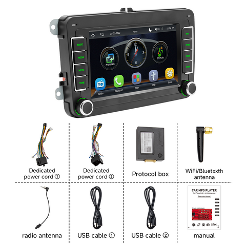 Double 2Din car radio for vw with Wireless Carplay and Android Auto 7 inch IPS Screen Supports FMAM Raido RDS USB 2.1A Charging Bluetooth 5.0 Reverse Camera Input Mirror Link SWC
