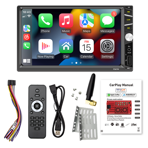double din car video with carplay and android auto 7 inch touch screen bluetooth support FM AM radio aux input