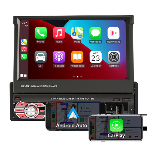 Eincar car radio manufacturer factory single din car stereo with apple carplay and android auto 7 inch manual retractable screen support online navigation usb aux mirror link camera input
